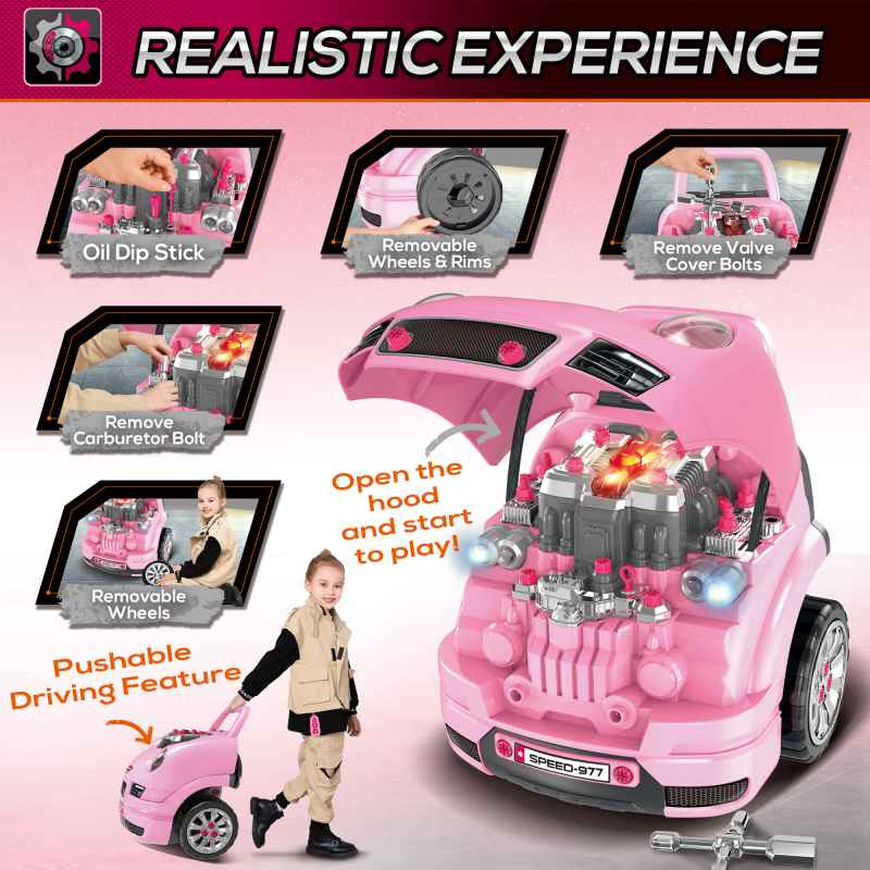 HOMCOM Kids Truck Engine Toy Set Toddler Educational Car Service Station w/ RC Car Key Steering Wheel Horn Light, Mechanic Gifts for Ages 3-5 Years - Pink
