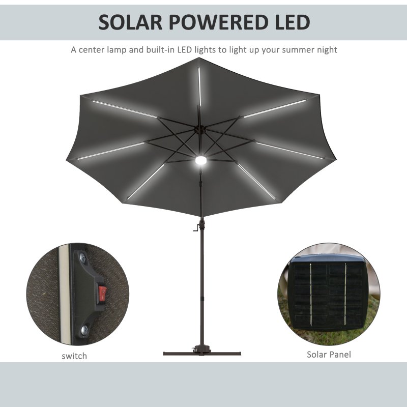 Outsunny 3(m) Cantilever Roma Parasol Garden Sun Umbrella Outdoor Patio with 360 Rotation Crank & Tilt Aluminium Frame LED Solar Light Cross Base, Dark Grey