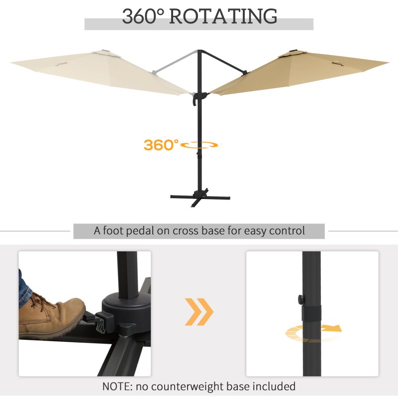Outsunny 3(m) Cantilever Roma Parasol Adjustable Garden Sun Umbrella with LED Solar Light, Aluminium Frame, Tilt & Crank, UV50+, Cross Base Rotating Outdoor- Khaki