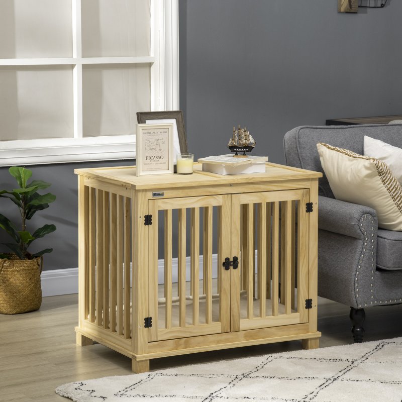PawHut Wooden Dog Crate End Table w/ Double Doors, Furniture Style Dog Crate for Medium Dogs, Indoor Use w/ Soft Washable Cushion