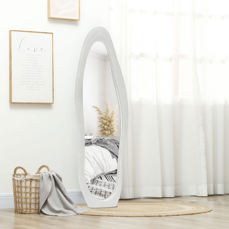 HOMCOM Irregular Wavy Mirror Full Length 160x50cm, Arched Floor Standing Mirror, Leaning or Wall Mounted, Velvet Wrapped Floor Mirror for Bedroom, Living Room, White