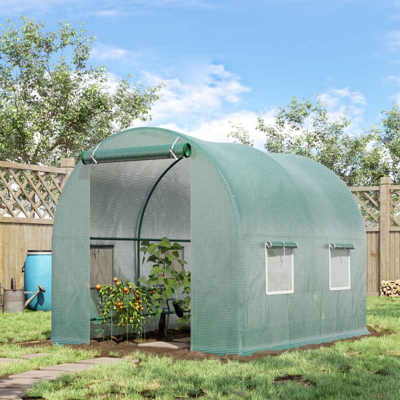 Outsunny Reinforced Walk In Polytunnel Greenhouse with Roll Up Door, Galvanised Steel Frame and Zipped Door Windows (2 x 2.5m), Green