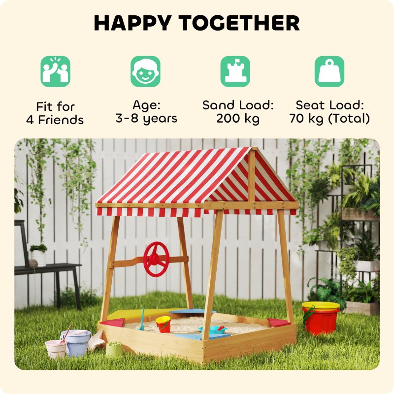 AIYAPLAY Wooden Kids Sandpit, Boat Sandbox with Canopy, Seats, Rudder & Non-woven Fabric Bottom Liner, Outdoor Sand Pit for Children 3-8 Years, for Garden, Grass, Beach, Yellow