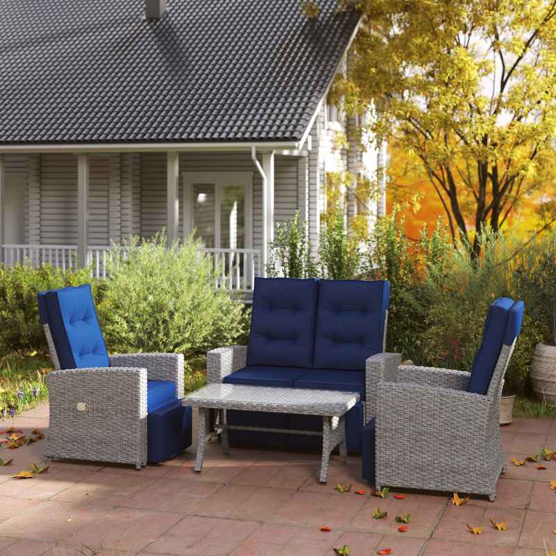Outsunny 4 Piece Rattan Garden Furniture Set with Adjustable Backrest, Wicker Outdoor Furniture Sofa Set with Loveseat, Reclining Armchairs, Thickened Cushions and Glass Top Table, Navy Blue