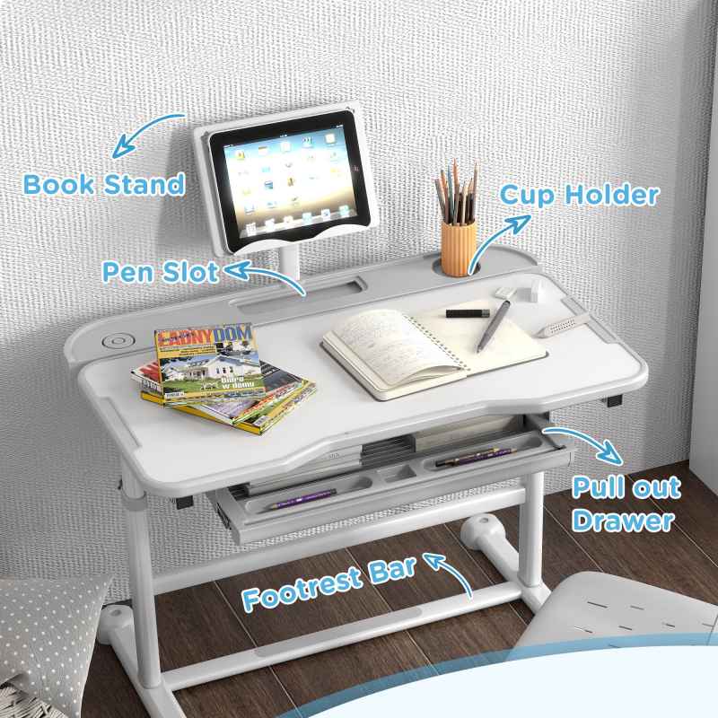 AIYAPLAY Kids Desk and Chair Set, Height Adjustable School Study Table Chair Set with Tilted Desktop, Storage Drawer, Book Stand, for Writing Reading, kids Aged 3-12 Years, Grey
