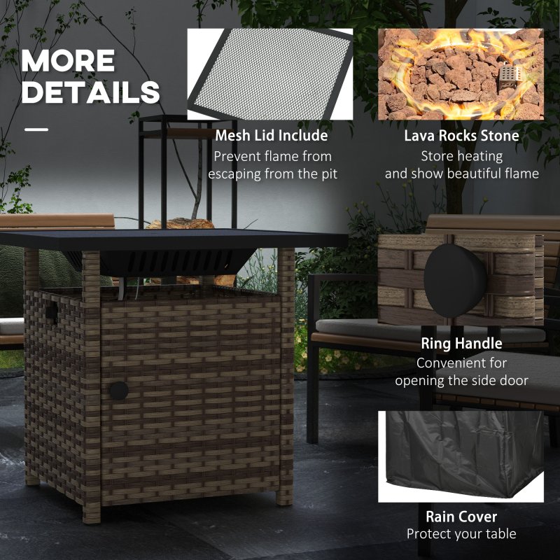 Outsunny Outdoor Rattan Gas Fire Pit Table, 50,000 BTU Square Garden Table with Fire Pit, Rain Cover, Wind Guard, Pulse-Ignition and Volcanic Rock, 72.5 x 72.5 x 67.5 cm, Mixed Brown