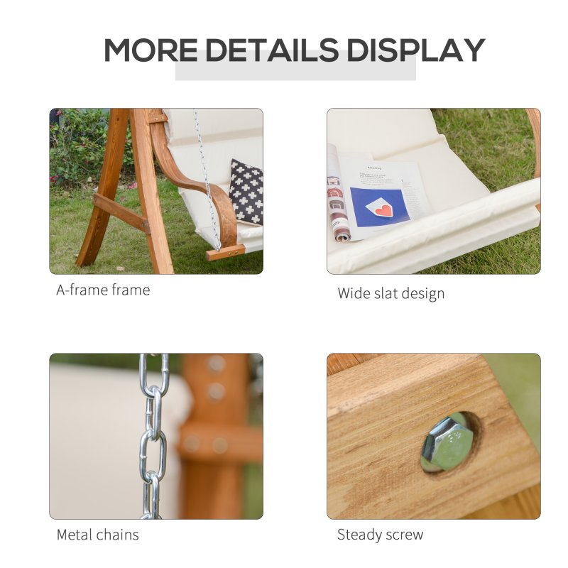 Outsunny Wooden Garden Swing Chair A-Frame Wood Log Swing Bench Chair With Canopy and Cushion for Patio Garden Yard