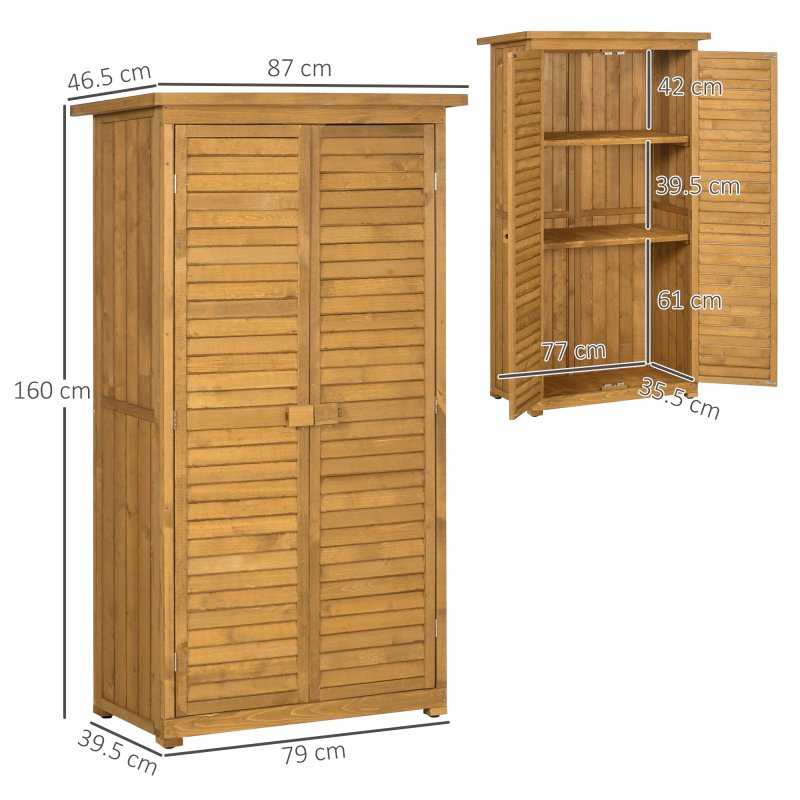 Outsunny Small Shed, Wooden Garden Storage Shed, 3 Shelves Outdoor Tool Shed Cabinet with Asphalt Roof and Shutter Doors, 87cm x 47cm x 160cm, Natural Wood Finish
