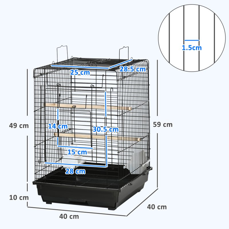 PawHut Bird Cage Parrot Cage Budgie Cage 59cm with Openable Top, Stand, Tray, Handles, Feeding Bowls for Parakeet, Finch, Black