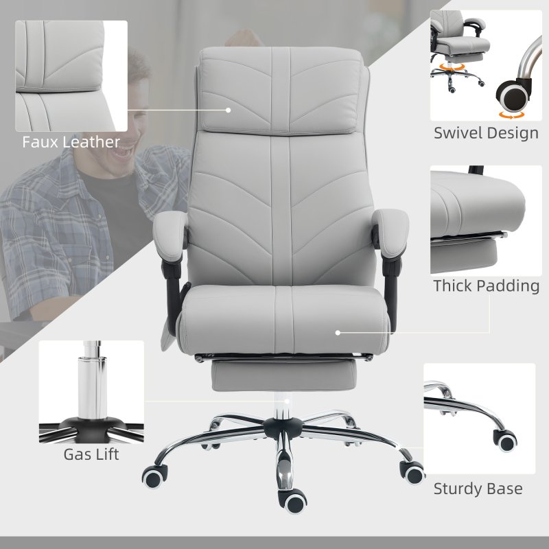 Vinsetto Office Chair with 4-point Vibration Massage and Heat, PU Leather High Back Recliner Desk Chair with Adjustable Height, Armrest, Footrest, Swivel Computer Chair for Home, Light Grey