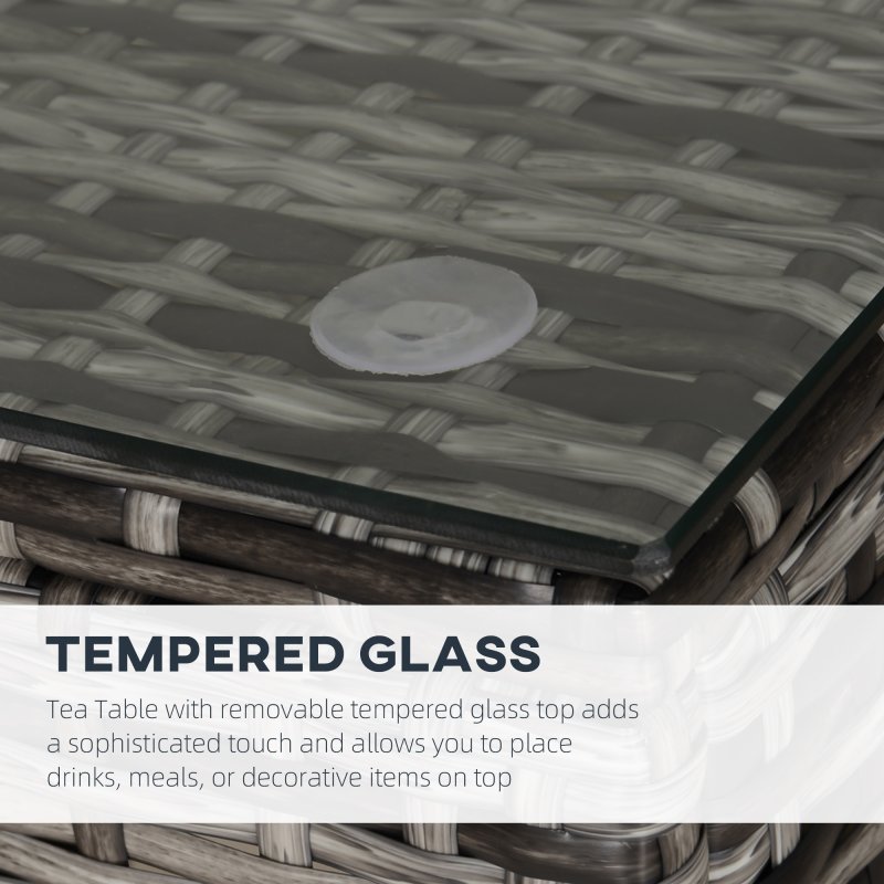 Outsunny Patio PE Rattan Side Table, Square Outdoor Coffee Table w/ Tempered Glass Top, Mixed Grey