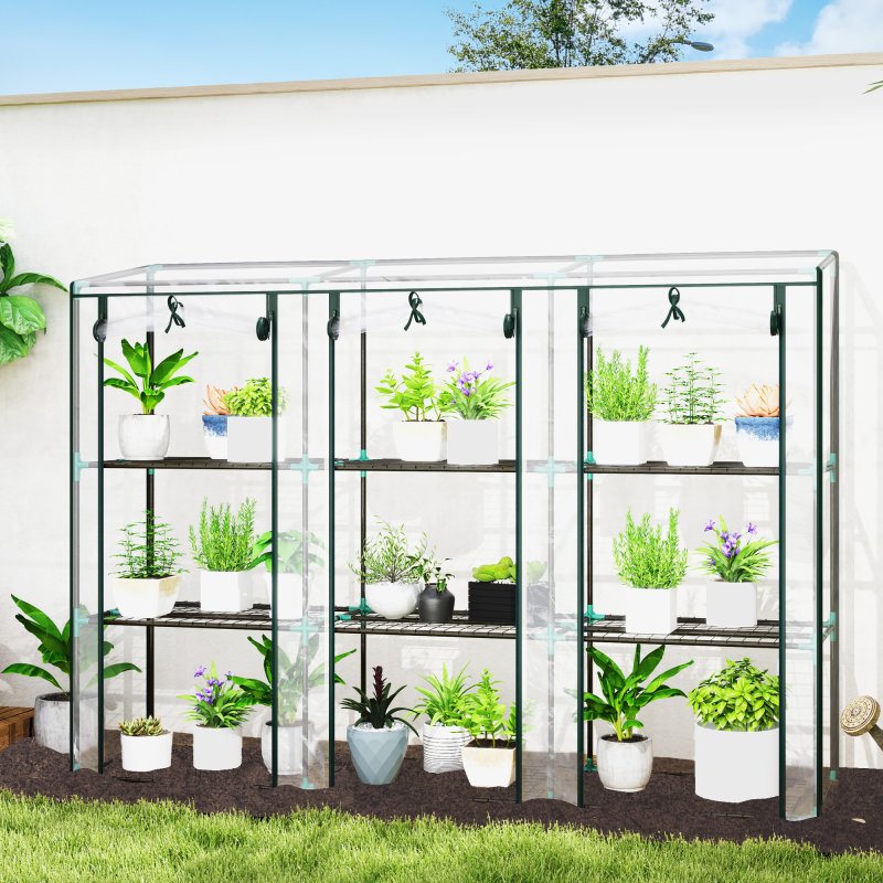 Outsunny 3 Tier Lean-to Mini Greenhouse with Reinforced Plastic Cover, Portable Indoor Outdoor Green House with 3 Roll-up Doors and 9 Wire Shelves, 151H x 215W x 46Dcm, Clear