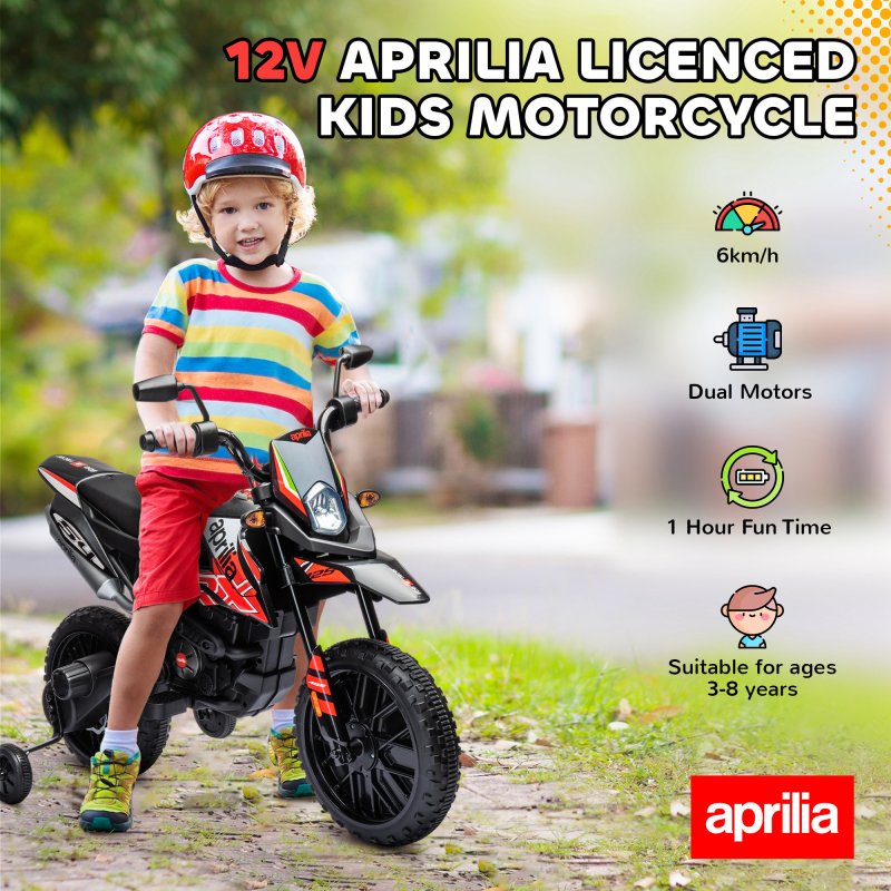 AIYAPLAY 12V Kids Motorcycle, Aprilia Licensed Kids Electric Motorbike with Training Wheels, Spring Suspension, LED Light, Music, USB, Kids Electric Bike for Boys, Girls, Red/Black