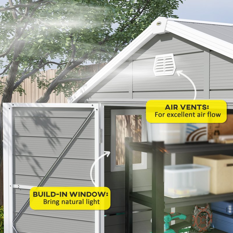 Outsunny 8 x 6ft Plastic Garden Storage Shed with Foundation Kit, Polypropylene Outdoor Storage Tool House with Ventilation Slots and Lockable Door, Light Grey
