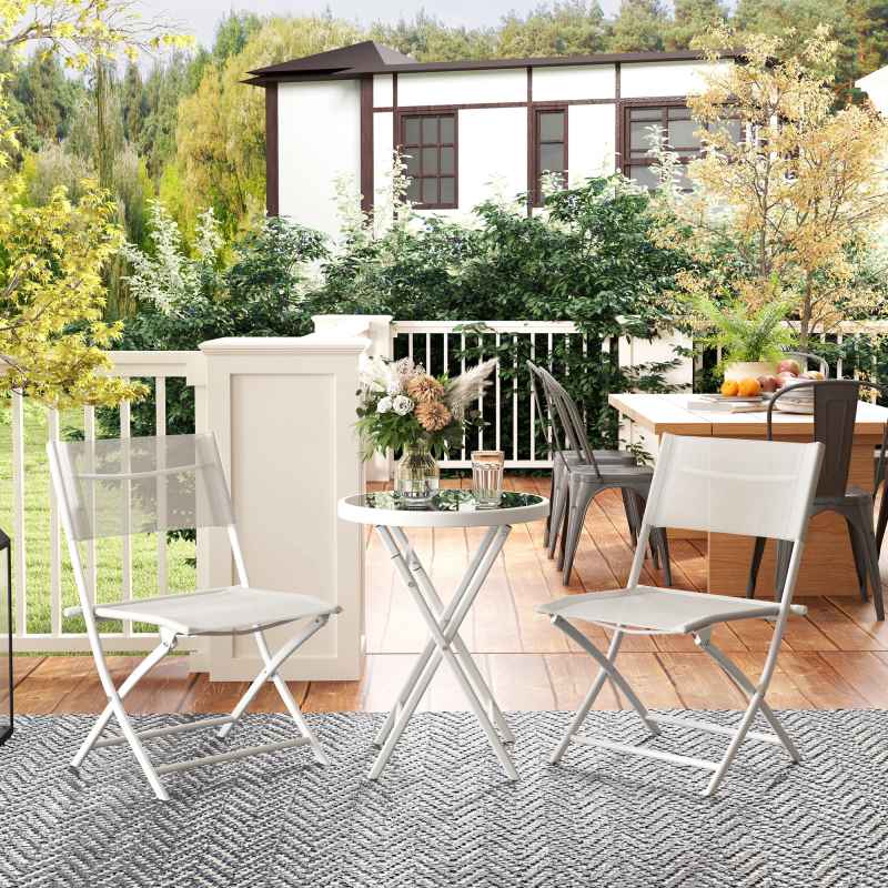 Outsunny 3 Pieces Outdoor Bistro Set, Glass Top Outdoor Table and 2 Folding Chairs, Garden Furniture Set with Protecting Feet, Steel Frame, Easy Clean, White