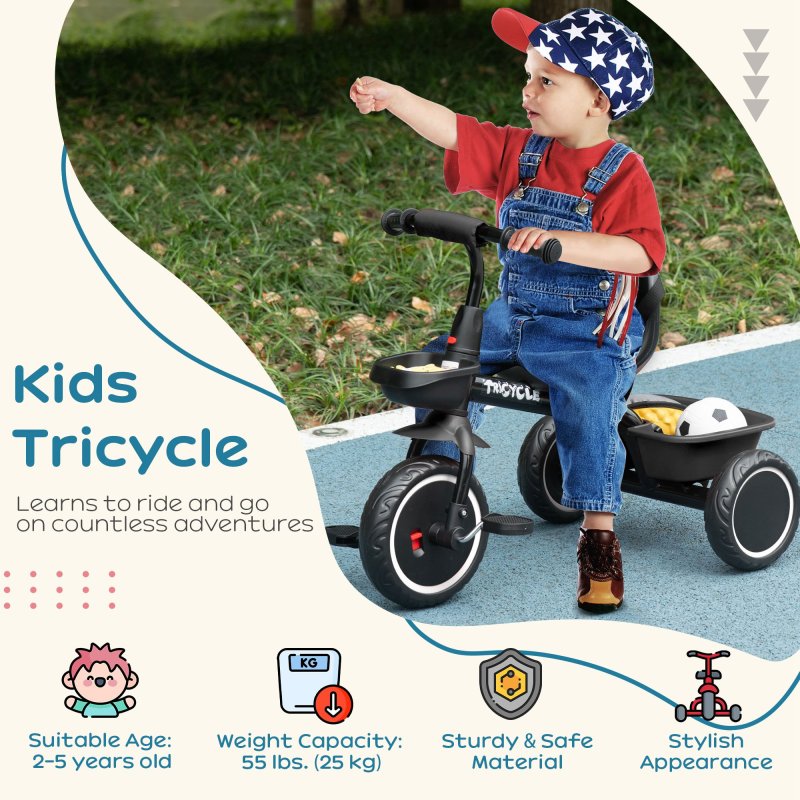 AIYAPLAY Kids Trike, Toddler Tricycle for 2 to 5 Years, with Adjustable Seat, Pedal, Front Rear Baskets, 3 Wheels Kids Bike Gift for Boys and Girls, Black