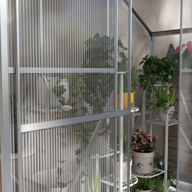 Outsunny 6 x 2.5ft Polycarbonate Greenhouse, Walk-In Green House with Sliding Door, 5-Level Roof Vent, Rain Gutter, Garden Plants Grow House with Aluminium Frame and Foundation, Silver