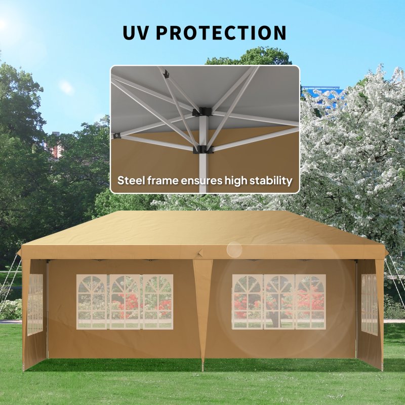 Outsunny 3 x 6m Garden Pop Up Gazebo, Height Adjustable Marquee Party Tent with Sidewalls, Storage Bag, Khaki