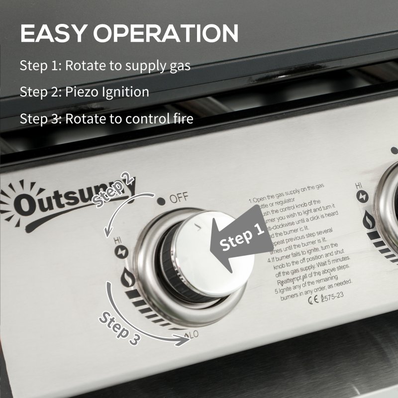 Outsunny Gas Plancha Grill with 3 Stainless Steel Burner, 7.5kW, Portable Tabletop Gas BBQ with Non-Stick Griddle and Lid for Camping Picnic Garden Party Festival