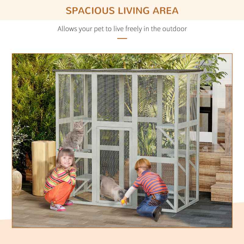 PawHut Large Outdoor Cat House, Walk-in Cat Enclosure, Wooden Catio with 6 Jumping Platforms, Waterproof Asphalt Roof