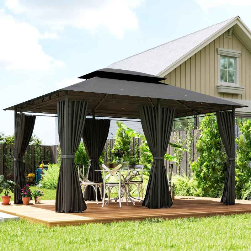Outsunny 4m x 3(m)Garden Gazebo, Double Roof Outdoor Gazebo Canopy Shelter with Curtains, Solid Steel Frame for Patio, Garden, Black