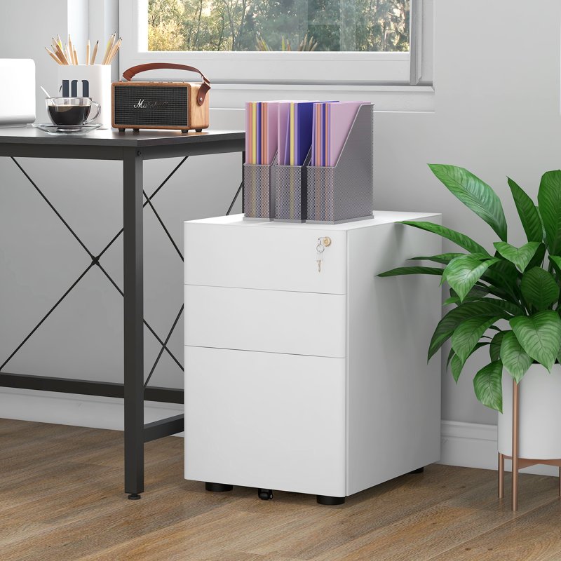 Vinsetto 3-Drawer Mobile Filing Cabinet, Steel Lockable File Cabinet for A4, Legal, Letter, Compact Under Desk Storage Unit with Pre-Assembled Body Except Wheels for Home Office, 39 x 48 x 59cm, White