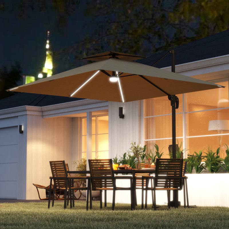 Outsunny 2.5m Cantilever Parasol with Solar Powered LED Lights, Double Top Square Overhanging Garden Parasol with 360 Rotation, Tilt Adjustment, Crank Handle, Khaki