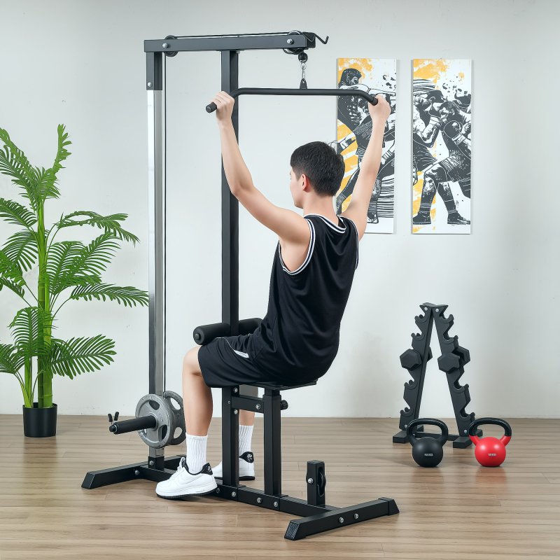 HOMCOM Lat Pull Down Machine with Extra Pulley for Seated Rows, Cable Pulley System with Adjustable Seat for Home Gym