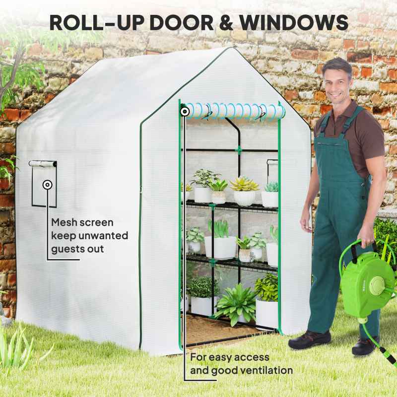 Outsunny Walk-in Greenhouse with 3 Tier 8 Shelves, Small Greenhouse with Reinforced PE Cover, Garden Plant Growhouse with Roll-up Door and Three Mesh Windows, 140 x 143 x 190 cm, White