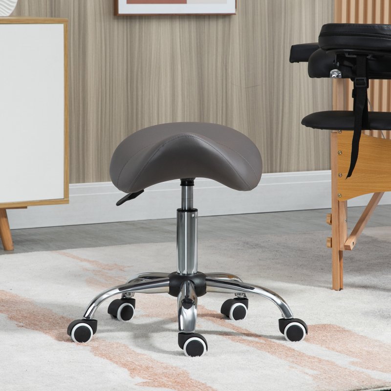 HOMCOM Cosmetic Stool 360?? Rotate Height Adjustable Salon Massage Spa Chair Hydraulic Rolling Faux Leather Saddle Stool Mobility, Grey