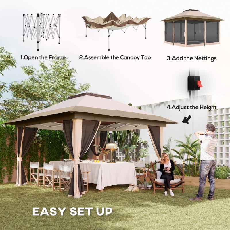 Outsunny 3.6 x 3.6m Pop Up Gazebo with Mesh Sides, UPF50+ Height Adjustable Party Tent Instant Event Shelter with Wheeled Carry Bag and Sand Bags for Garden, Patio, Beige