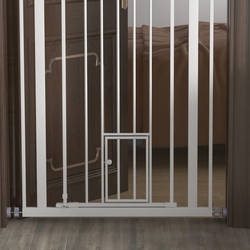 PawHut Extra Tall Dog Gate with Cat Flap, Pet Safety Gate for Doorways Stairs with Auto Close Double Locking, 104 cm Tall 74-80 cm Wide, White