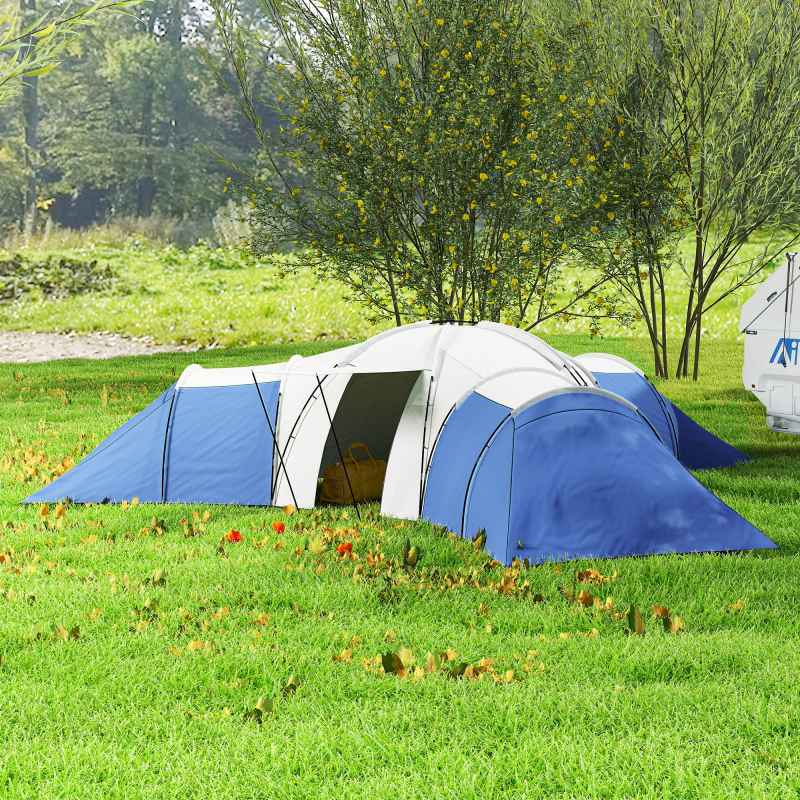 Outsunny 6-9 Man Large Tunnel Tent with 3 Bedroom, Living Area and Porch, 2000mm Waterproof Camping Tent, Portable with Bag, for Fishing Hiking Festival, Blue