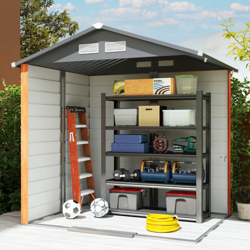 Outsunny 6.5 x 5ft Garden Shed, Metal Storage Tool House Gardening Tool Storage with Shutter Vents, Brown and Grey