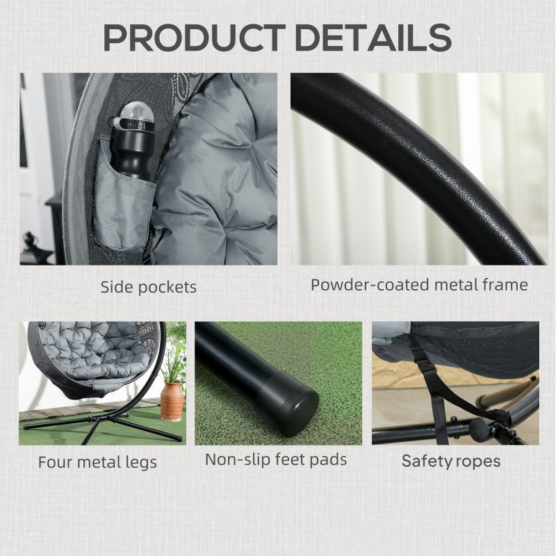Outsunny Outdoor Hanging Chair, Swing Chair with Metal Stand, Thick Padded Cushion, Foldable Basket and Side Pocket, for Indoor and Outdoor, Charcoal Grey