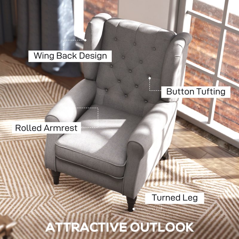 HOMCOM Retro Accent Chair, Linen Wingback Armchair with Wood Frame Button Tufted Design for Living Room Bedroom, Grey
