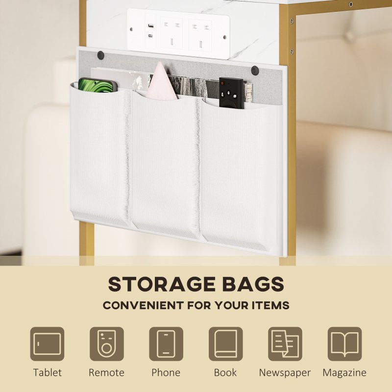 HOMCOM C-Shaped Bedside Table with Charging Station, Marble Grain Side Table with Power Outlets & USB Ports, Storage Bags, for Bedroom, Living Room, White