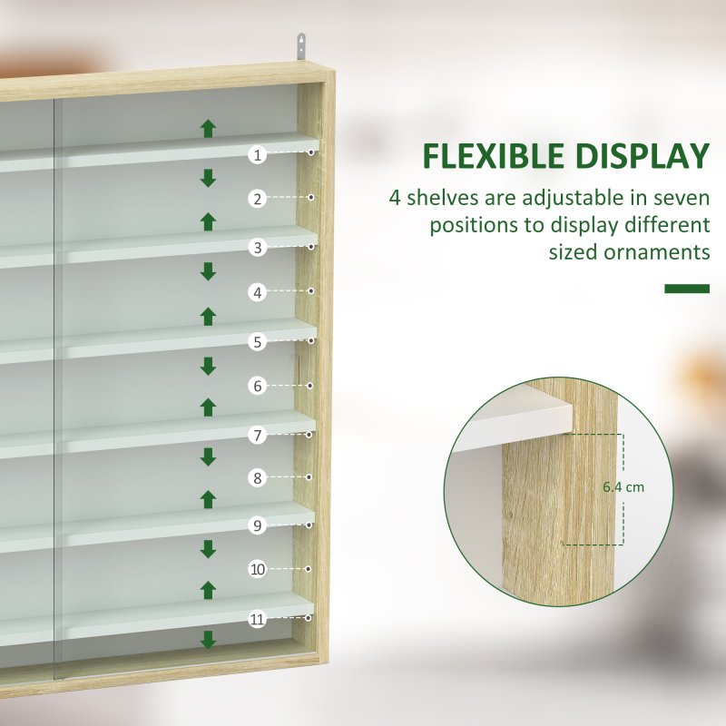 HOMCOM 7-Tier Wall Mounted Display Cabinet, Display Case with 6 Adjustable Shelves, Glass Doors for Home Office Ornaments 83x80cm, Oak