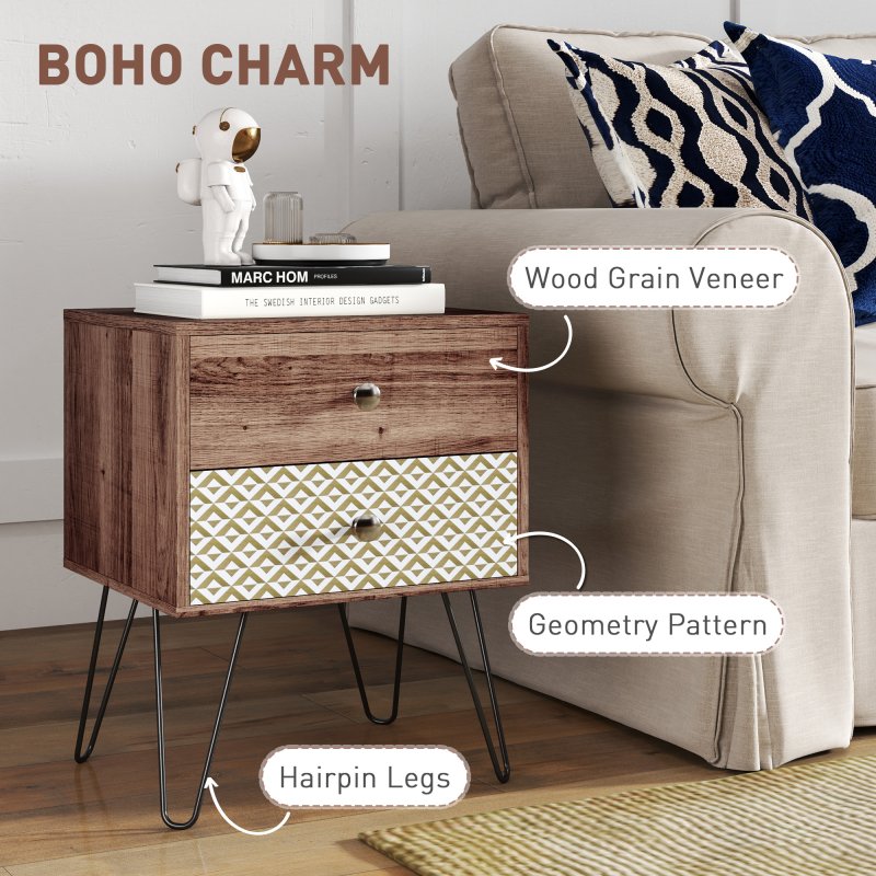 HOMCOM 2-Drawer Bedside Table, Boho Wooden Nightstand Storage Unit, Bedside Cabinet with Steel Frame, Sofa End Side Table for Living Room, Bedroom, Small Space, Rustic Brown