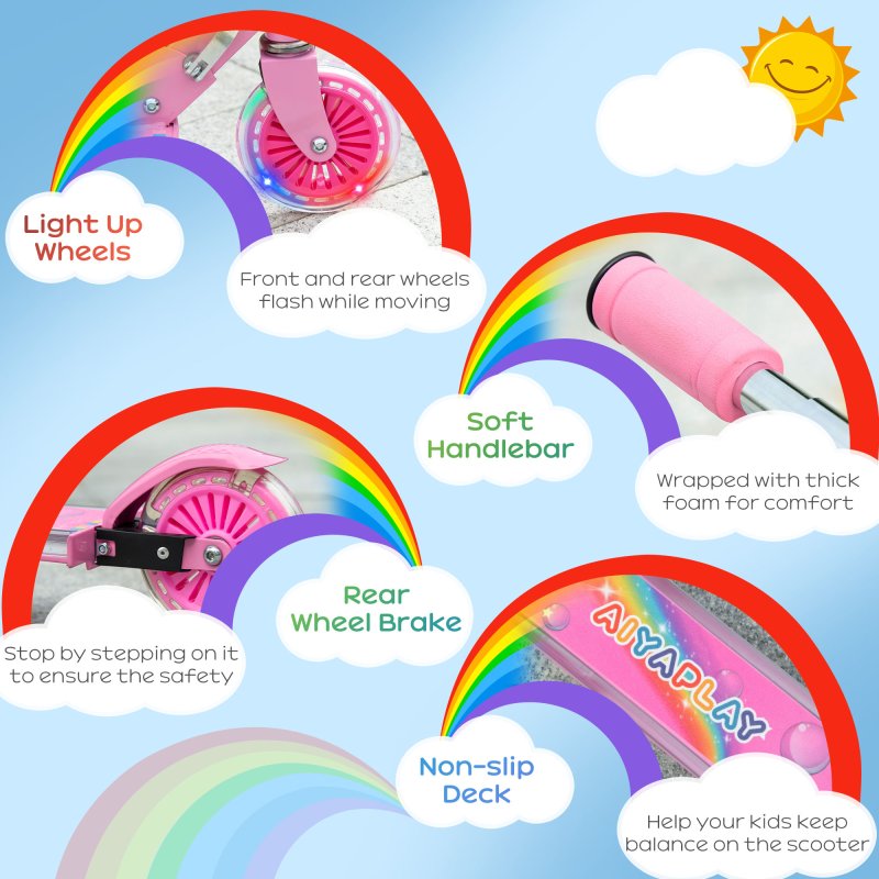 HOMCOM Kids Scooter with Lights, Music, Adjustable Height, Foldable Frame, LED Wheels, for Ages 3-7 Years - Pink