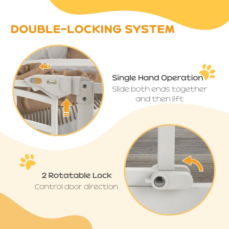 PawHut Dog Stair Gate Pet Barrier with Small Cat Door, Pressure Fit Safety Gate  with Auto Closing System, Double Locking, for Hallways - White
