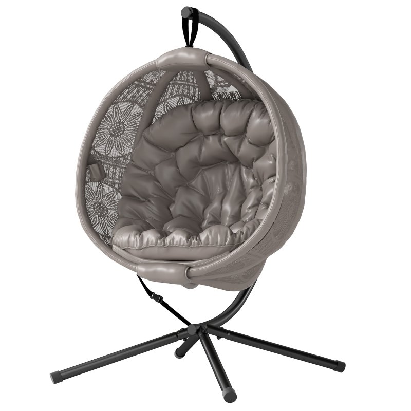 Outsunny Outdoor Hanging Chair, Swing Chair with Metal Stand, Thick Padded Cushion, Foldable Basket and Side Pocket, for Indoor and Outdoor, Sand