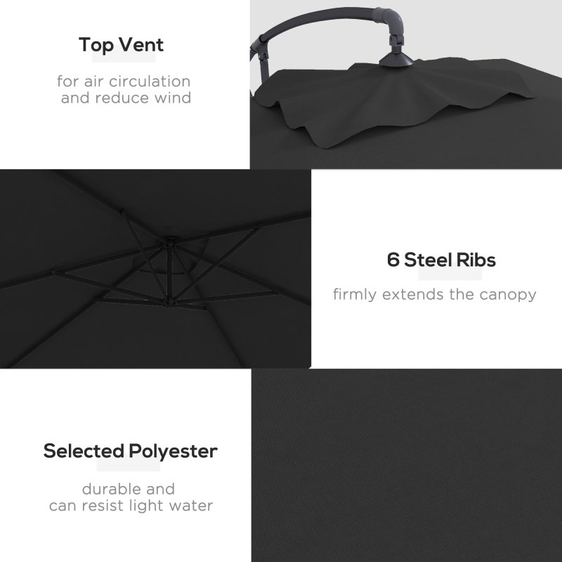 Outsunny 3x2m Cantilever Parasol with Cross Base, Banana Parasol with Crank Handle and 6 Ribs, Rectangular Hanging Patio Umbrella for Outdoor Pool, Garden, Balcony, Black