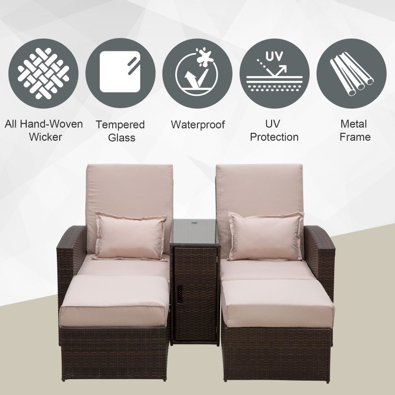 Outsunny Double Rattan Sun Lounger, Already Assembled Reclining Garden Lounger with Retractable Footrest, Glass Top Storage Table with Umbrella Hole, Garden Sunbed with Cushions and Pillows, Brown
