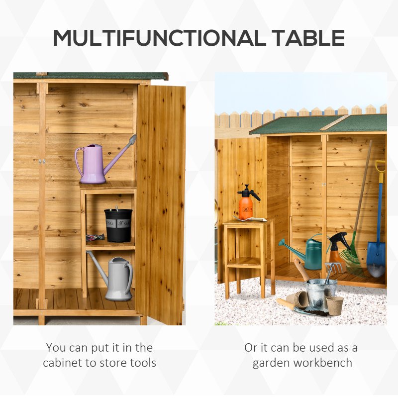 Outsunny Small Shed, Wooden Garden Shed with Flexible Table, Hooks and Ground Nails, Lockable Tool Shed with Asphalt Roof, 140 x 75 x 157cm, Natural