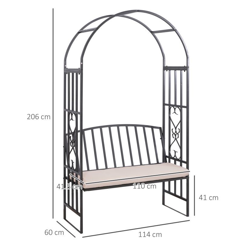 Outsunny Garden Metal Arch Bench, Outdoor Furniture Chair with Cushion Outdoor Patio Rose Trellis Arbour Pergola, for Climbing Plant 114L x 60W x 206H cm