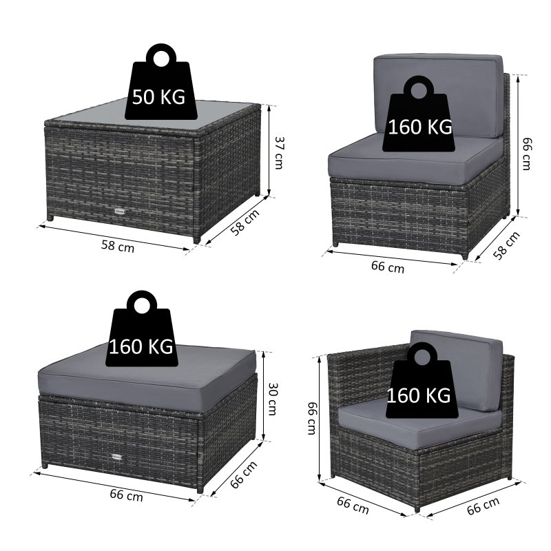 Outsunny 7Pc Rattan Garden Furniture Wicker Sofa & Coffee Table Set Patio Furniture Outdoor with Cushions Grey