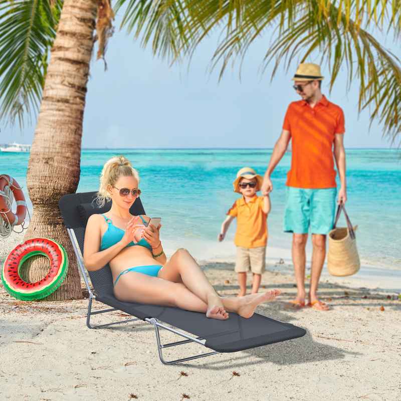 Outsunny Outdoor Foldable Sun Lounger, Adjustable Backrest Garden Recliner Sun Lounger Chair with Headrest Pillow, Black