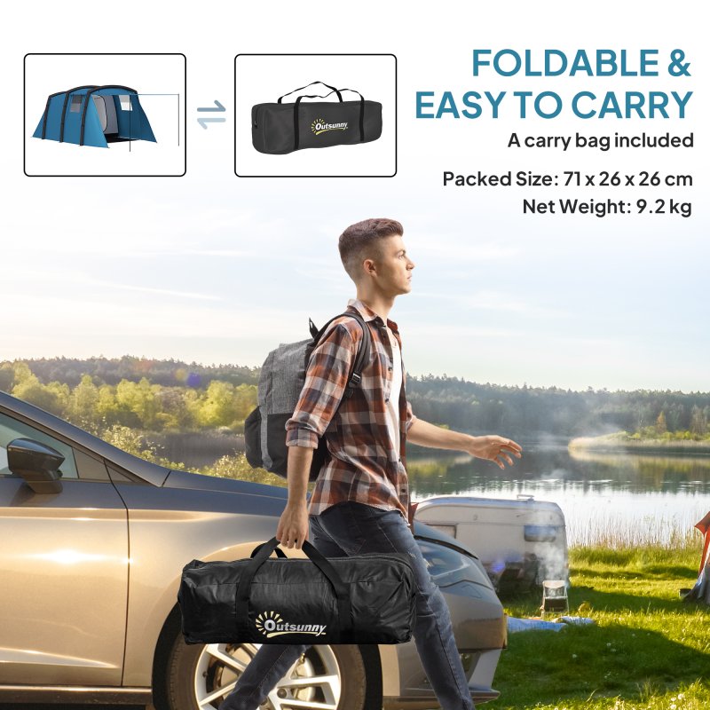 Outsunny Inflatable 3-4 Man Tunnel Tent w/ Air Pump, Living Area & Vestibule, Waterproof Family Camping Air Tent w/ Sewn In Groundsheet & Removable Footprint for Camping, Hiking, Blue