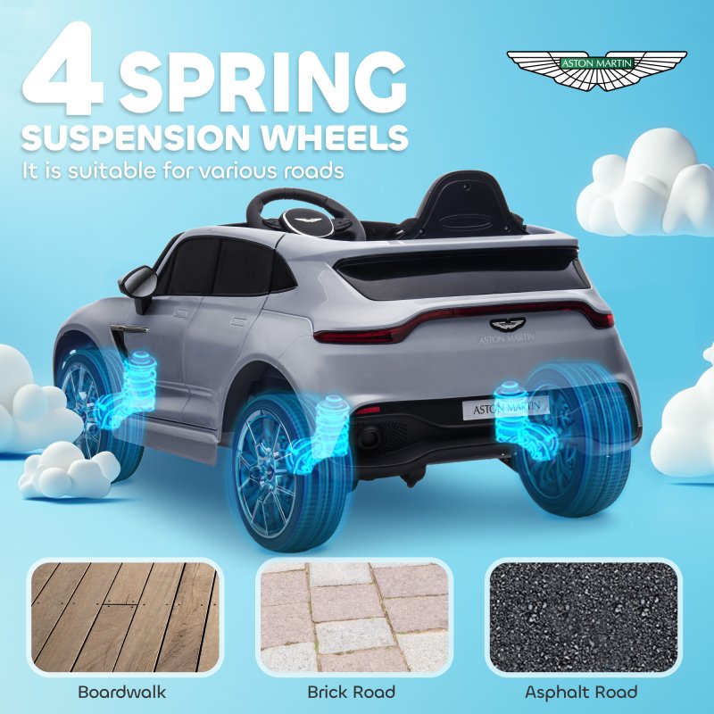 AIYAPLAY Aston Martin DBX Licensed 12V Kids Ride on Car, Kids Electric Car with Remote Control, 4 Suspension Wheels, LED Lights, Music, Horn, Slow Start, for Ages 3-6 Years, Grey